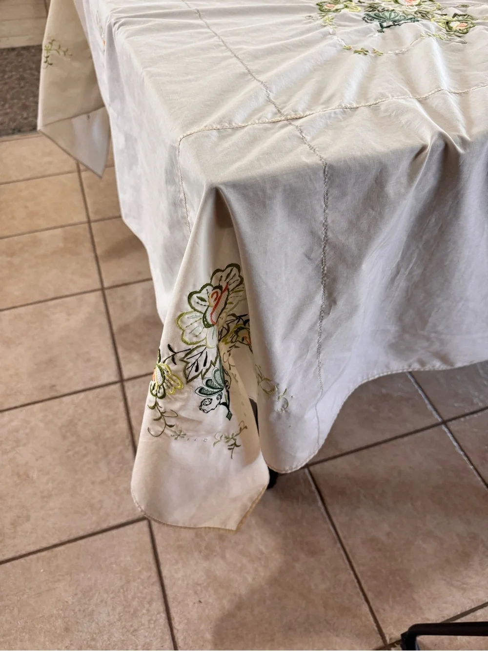 Vintage Style Embroidered Tablecloth 82x64 Off White Floral Cottagecore Linen
